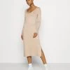 Neu 👏 Even&Odd Damen KNIT MAXI V NECK DRESS WITH SLIT - Strickkleid - Camel 😍